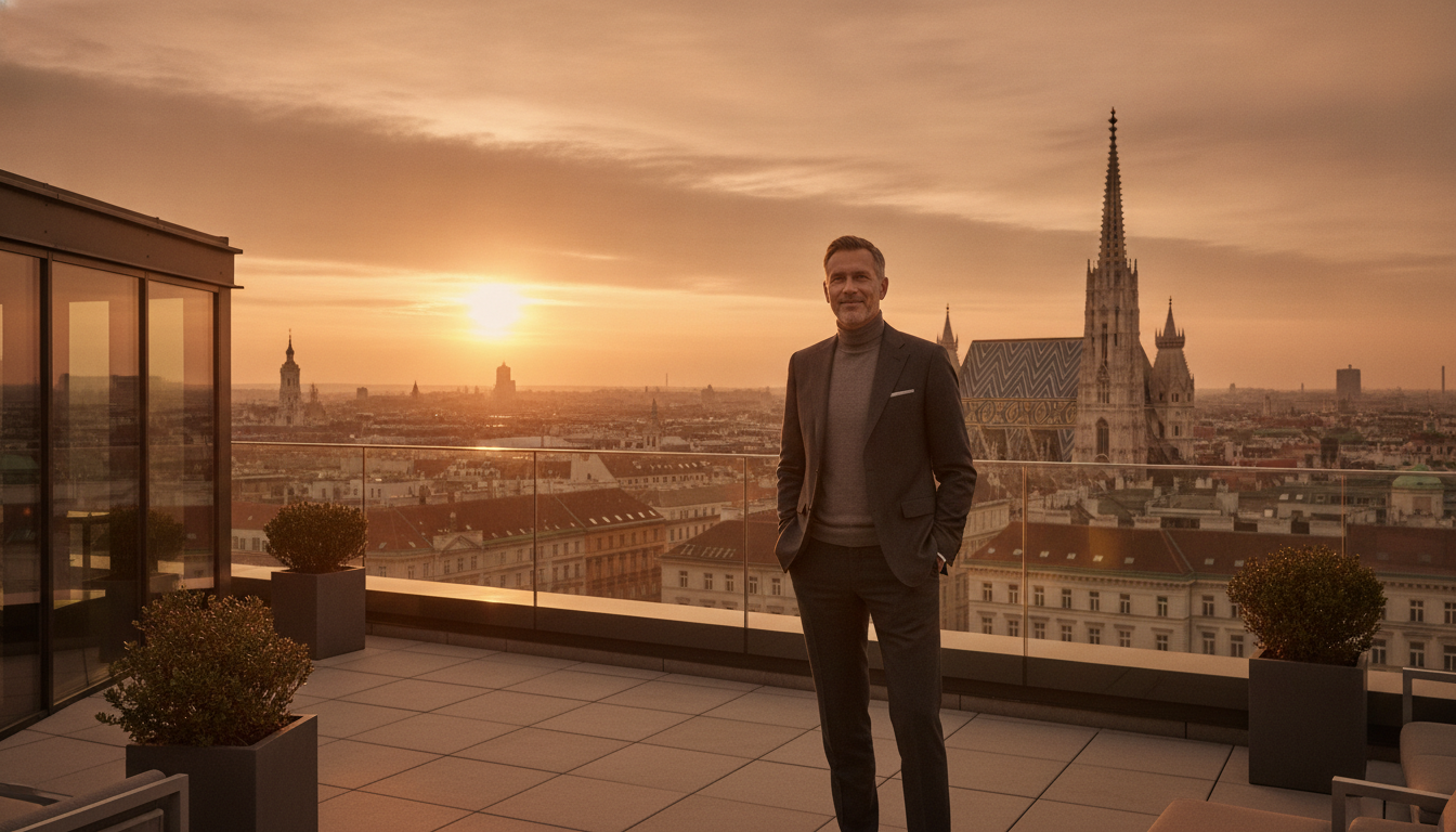 Homem confiante a olhar calmamente para o horizonte de Lisboa ao pôr do sol