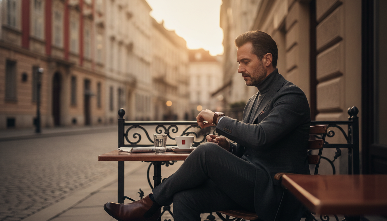 Uomo seduto la sera sulla terrazza di un caffè nel centro di Vienna nella luce dorata