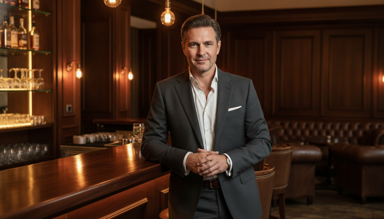 Uomo con linguaggio del corpo aperto al bancone di un elegante cocktail bar di Vienna