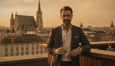 Uomo sicuro di sé a un elegante rooftop bar con vista sullo skyline di Vienna